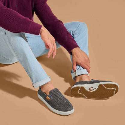 OluKai Special Offer - Lae‘ahi Lauhala Men's Leather Slip-On Sneakers - Ash