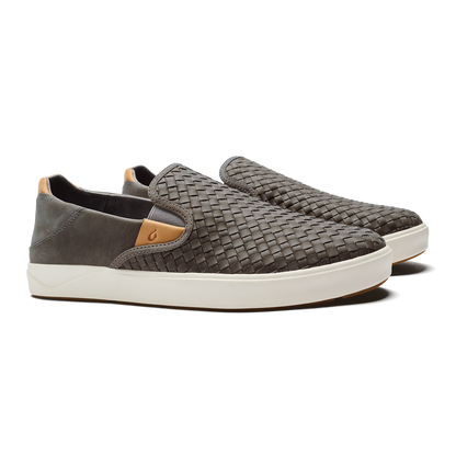 OluKai Special Offer - Lae‘ahi Lauhala Men's Leather Slip-On Sneakers - Ash