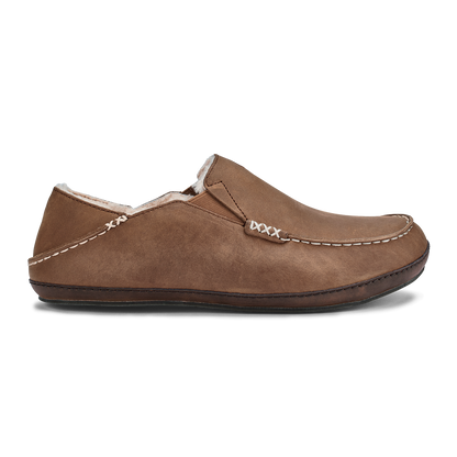 OluKai Discount - Moloā Men's Leather Slippers - Toffee / Dark Wood