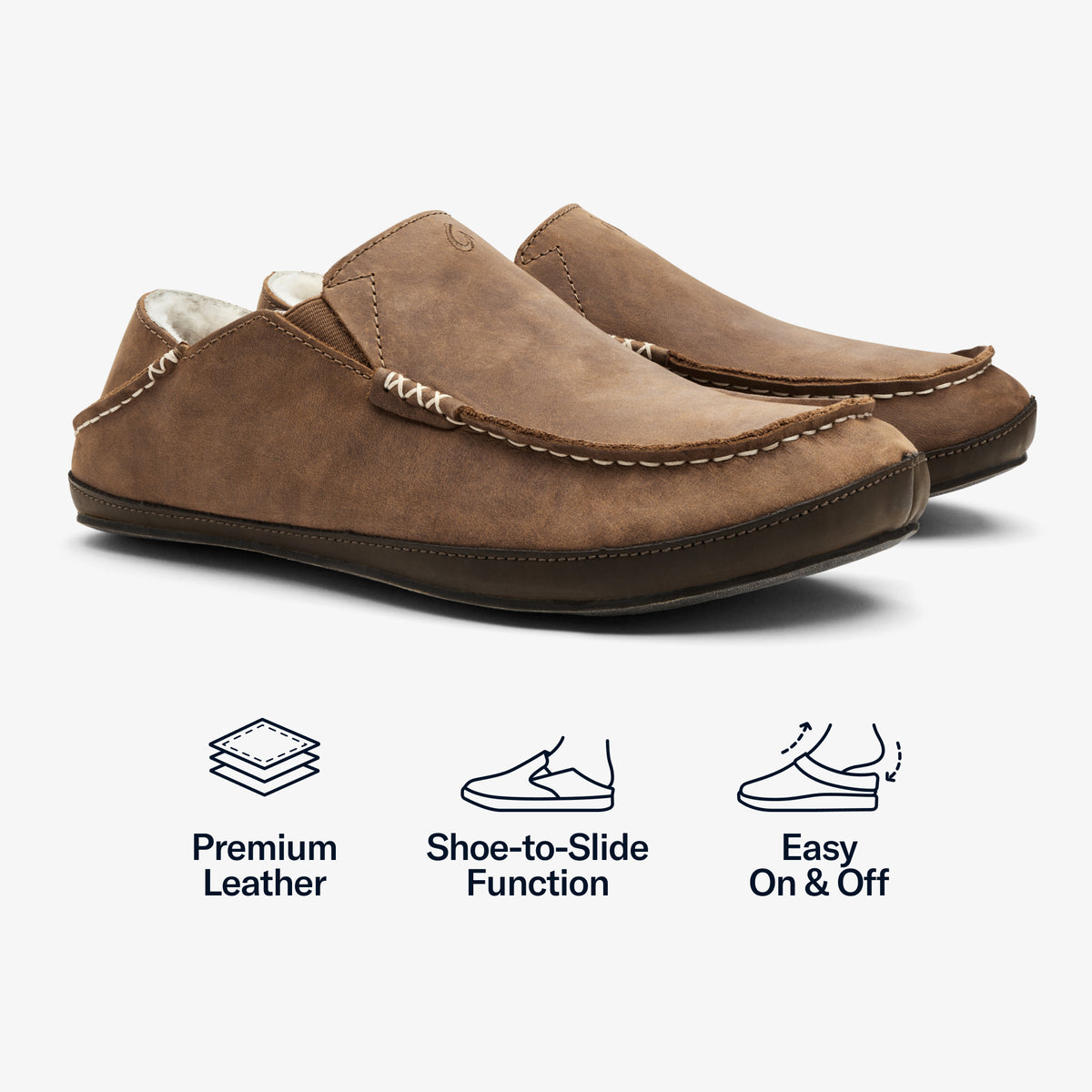 OluKai Discount - Moloā Men's Leather Slippers - Toffee / Dark Wood