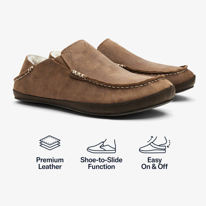 OluKai Discount - Moloā Men's Leather Slippers - Toffee / Dark Wood