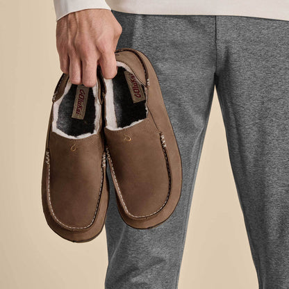 OluKai Discount - Moloā Men's Leather Slippers - Toffee / Dark Wood