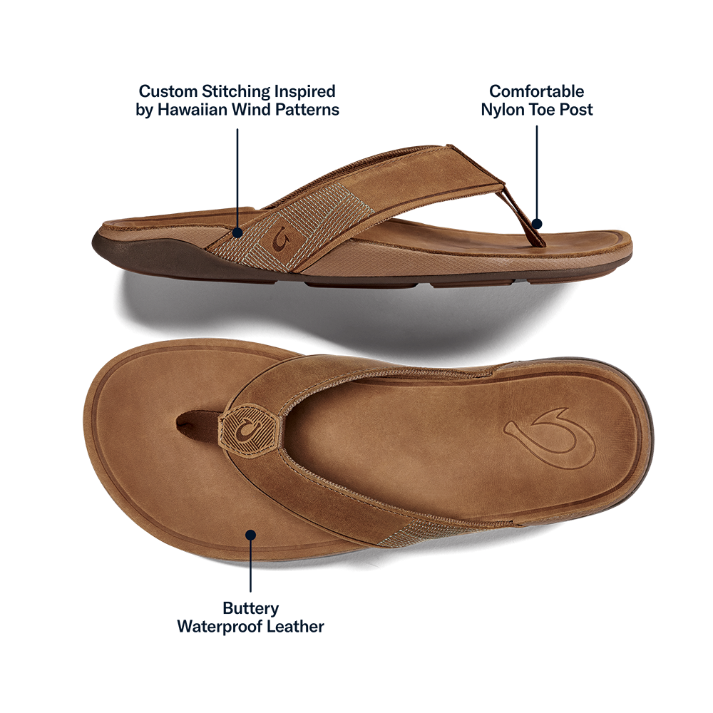 OluKai Quality - Tuahine Men's Waterproof Leather Beach Sandals - Toffee