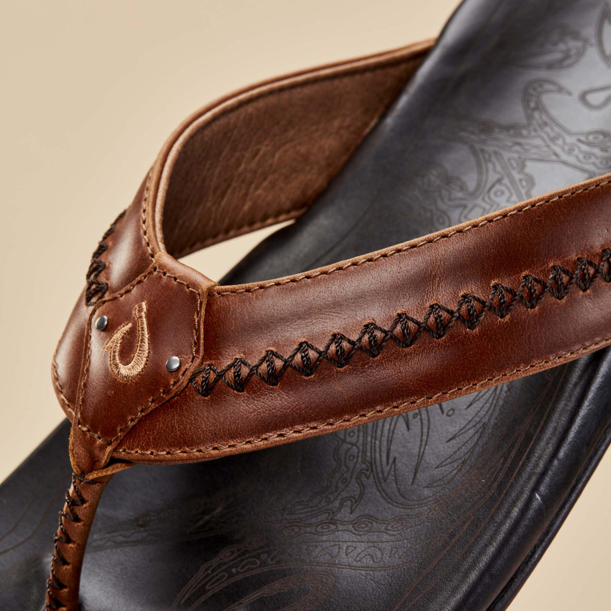 OluKai Trusted - Mea Ola Men's Leather Sandals - Tan / Dark Java