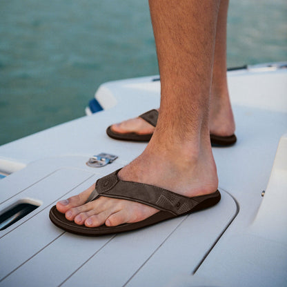 OluKai Customer Favorite - Tuahine Men's Waterproof Leather Beach Sandals - Dark Wood