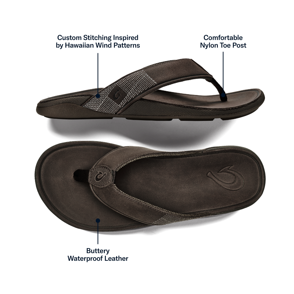 OluKai Customer Favorite - Tuahine Men's Waterproof Leather Beach Sandals - Dark Wood