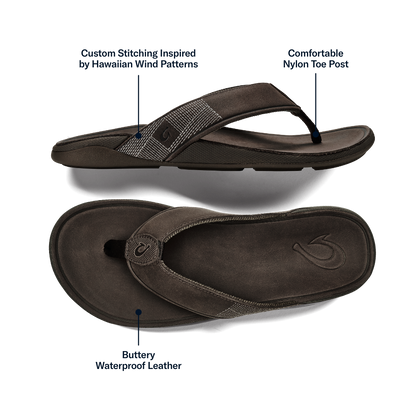 OluKai Customer Favorite - Tuahine Men's Waterproof Leather Beach Sandals - Dark Wood