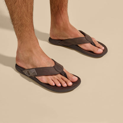 OluKai Customer Favorite - Tuahine Men's Waterproof Leather Beach Sandals - Dark Wood