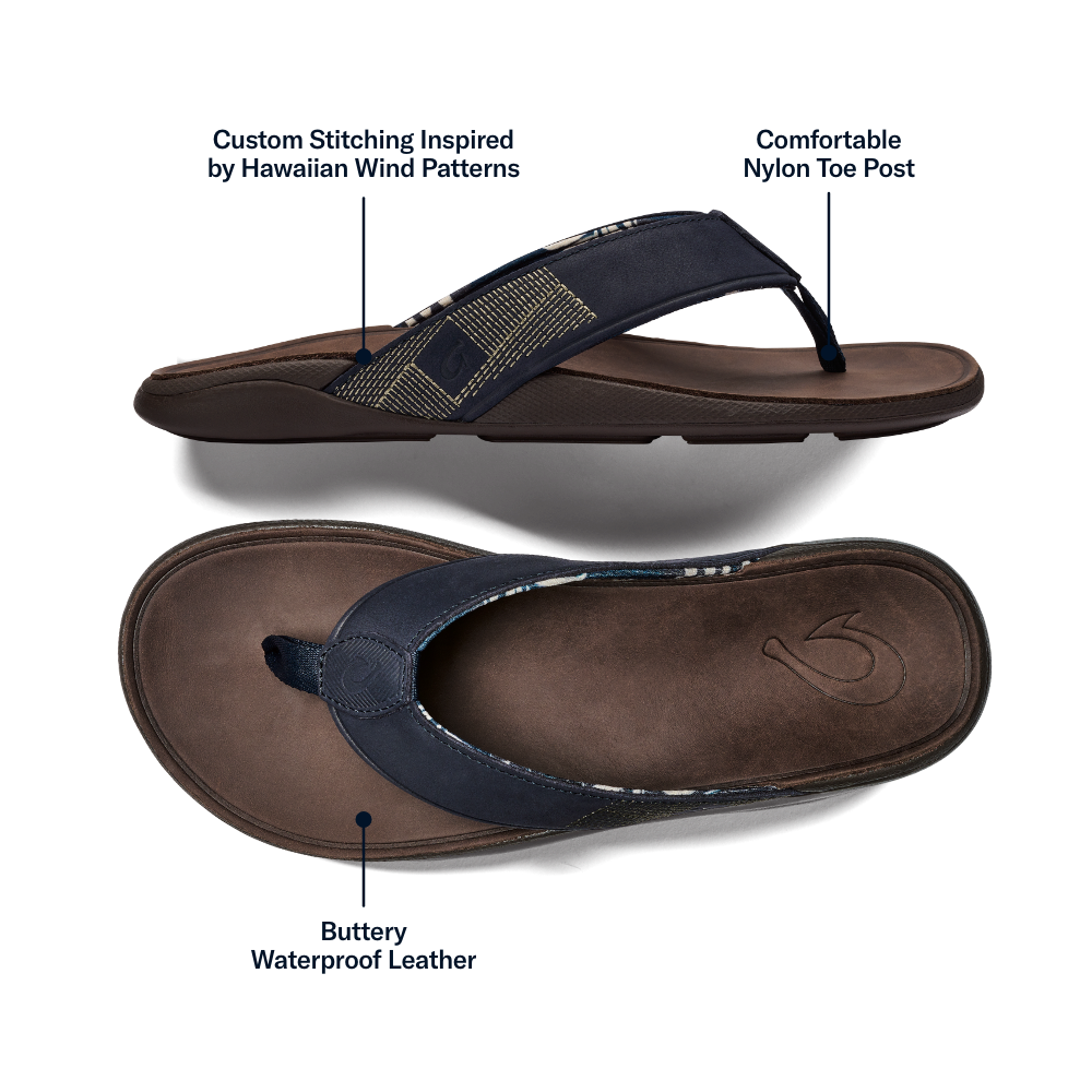 OluKai Premium - Tuahine Men's Waterproof Leather Beach Sandals - Trench Blue