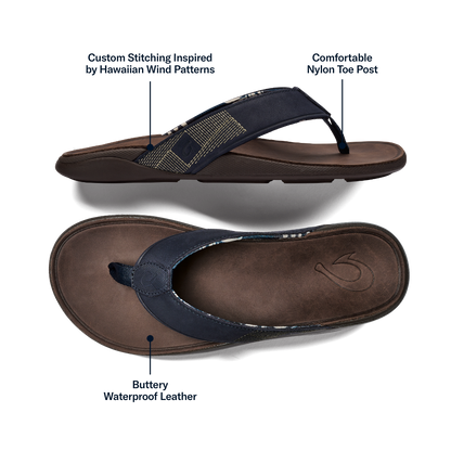 OluKai Premium - Tuahine Men's Waterproof Leather Beach Sandals - Trench Blue