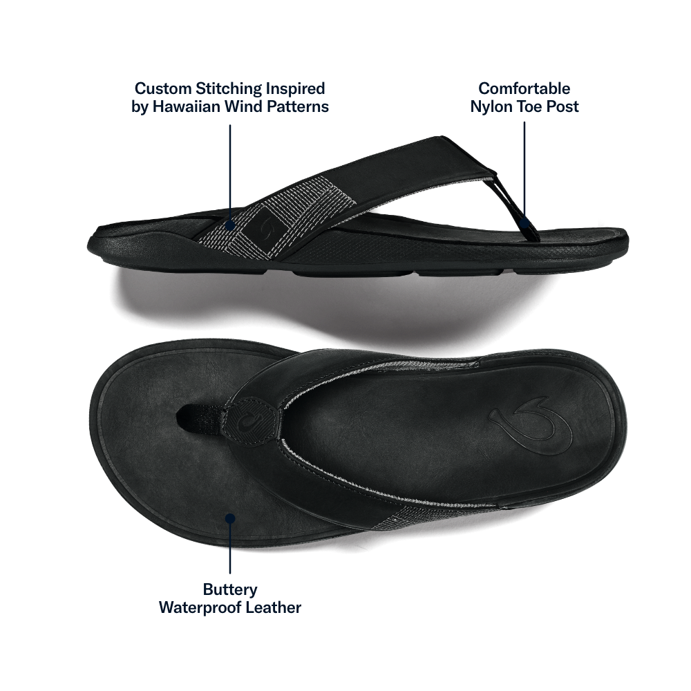 OluKai Featured - Tuahine Men's Waterproof Leather Beach Sandals - Black