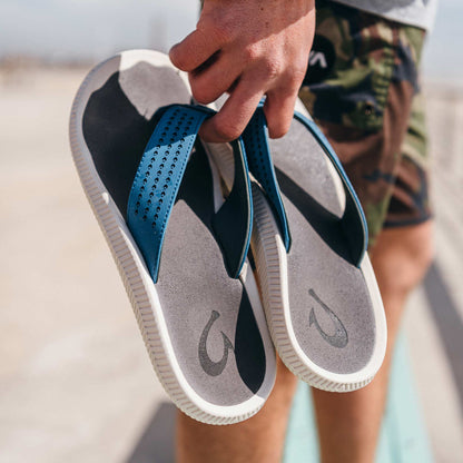 OluKai Hot Sale - Ulele Men's Beach Sandals - Slate Blue / Charcoal