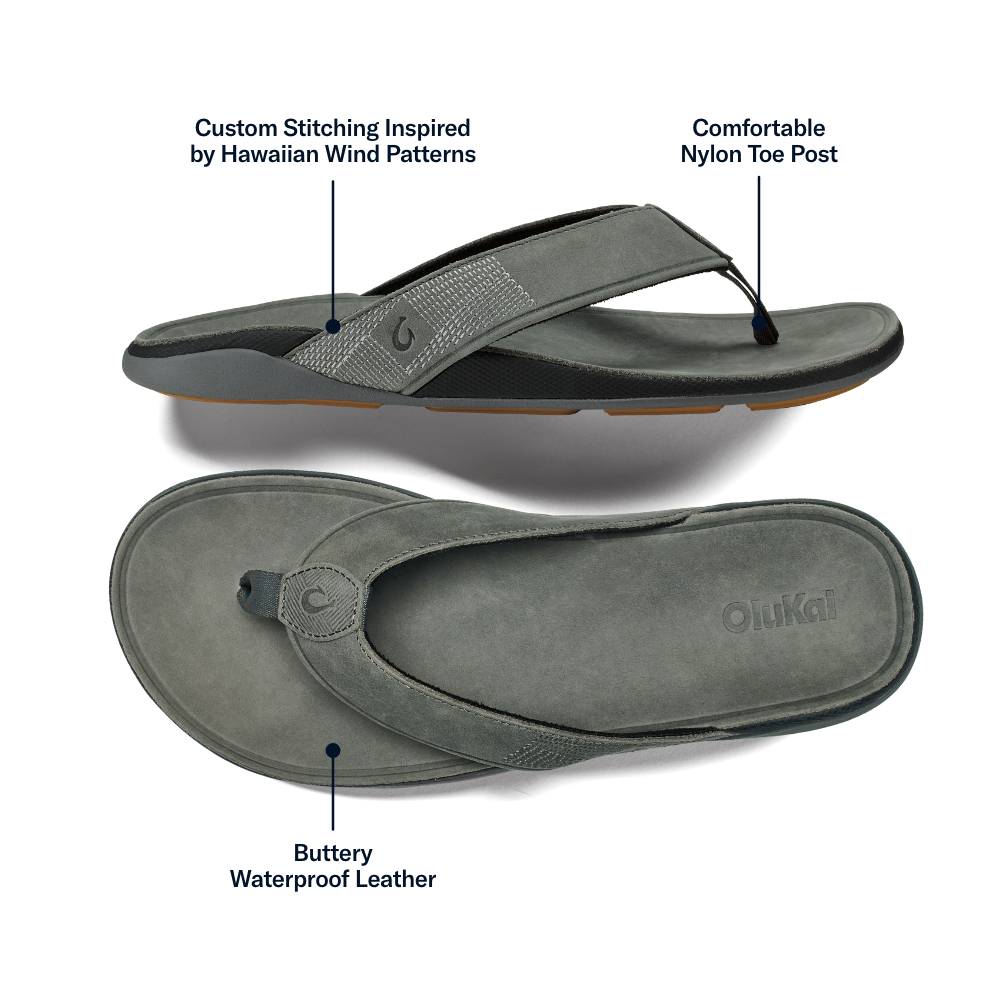 OluKai Smart Buy - Tuahine Men's Waterproof Leather Beach Sandals - Rock