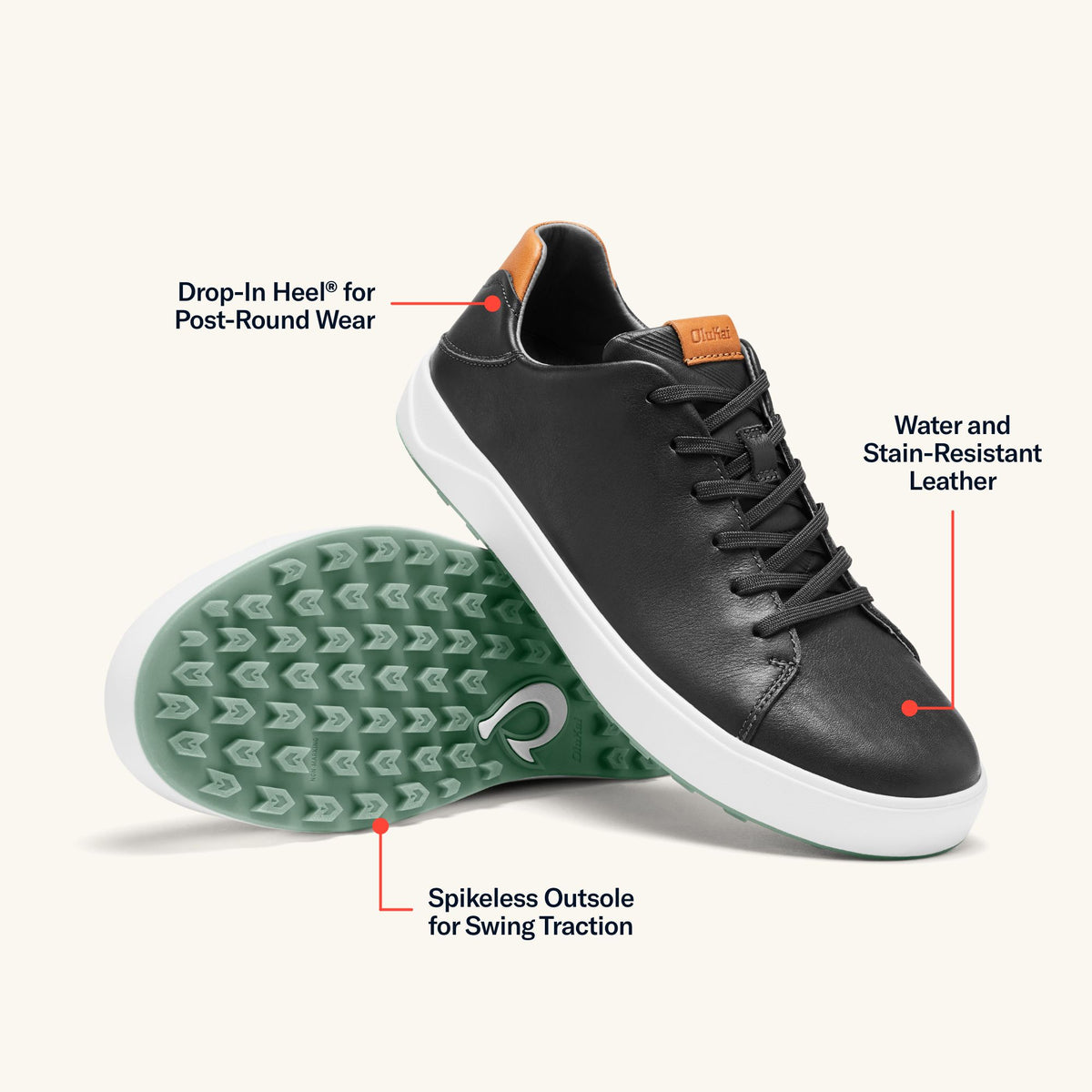 OluKai Value - Wai‘alae Men’s Waterproof Leather Golf Shoes - Black
