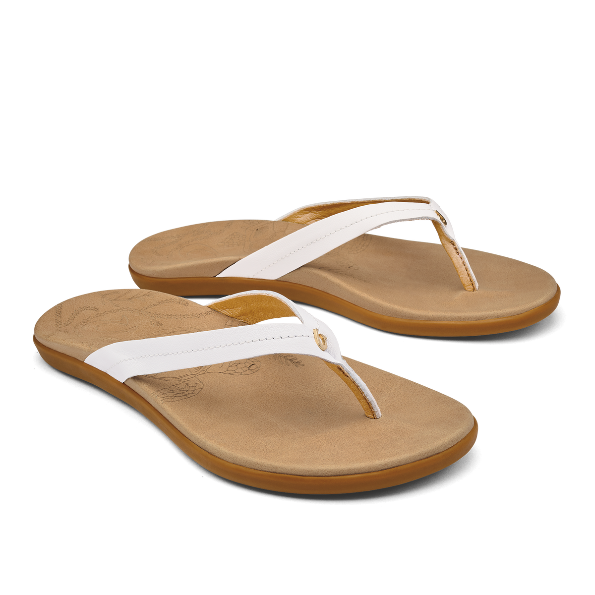 OluKai New - Honu Women’s Leather Sandals - Bright White / Golden Sand