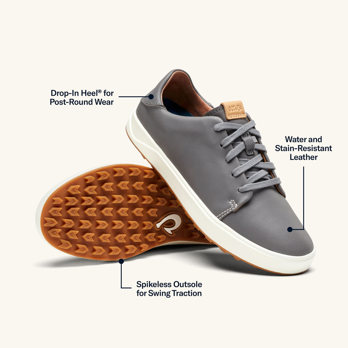 OluKai Best Seller - Wailea Women’s Waterproof Leather Golf Shoes - Stone